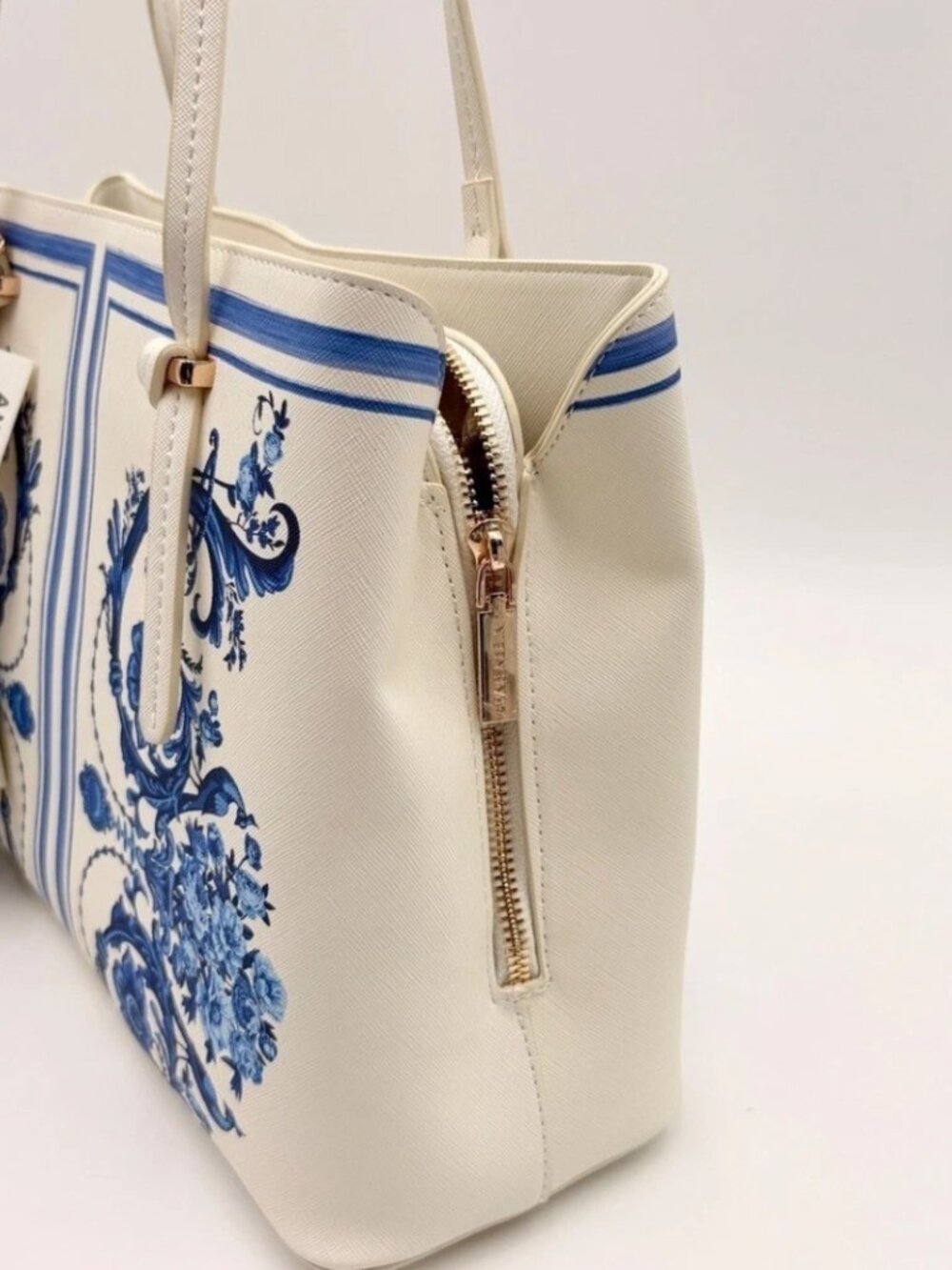Anne Klein Lucia Midnight Blue White Floral Damask Tote Detachable Coin Purse - Picture 3 of 4